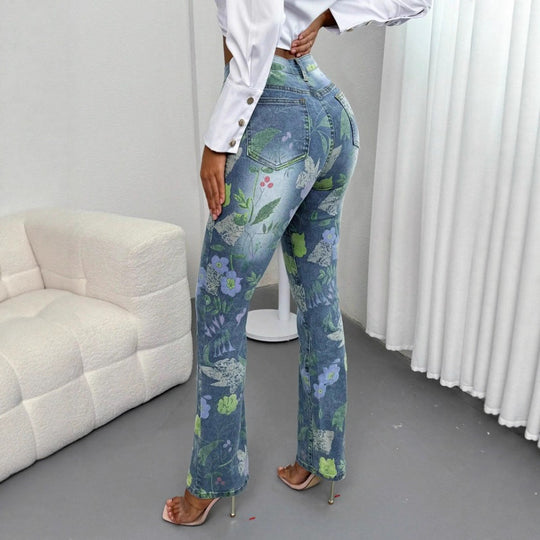 Damen Hochtaillierte Straight-Jeans mit floraler Allover-Print und leichtem Schlag Shop Nory