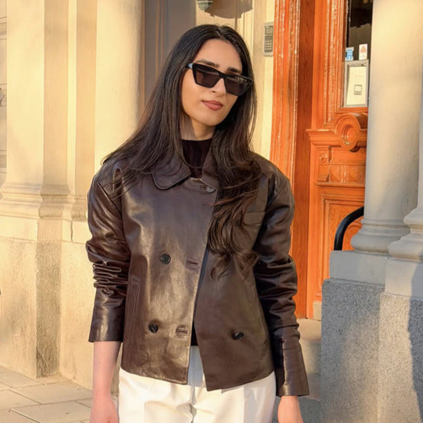Damen Kurzjacke aus glattem Nappaleder im Doppelreiher mit Hemdkragen Shop Nory