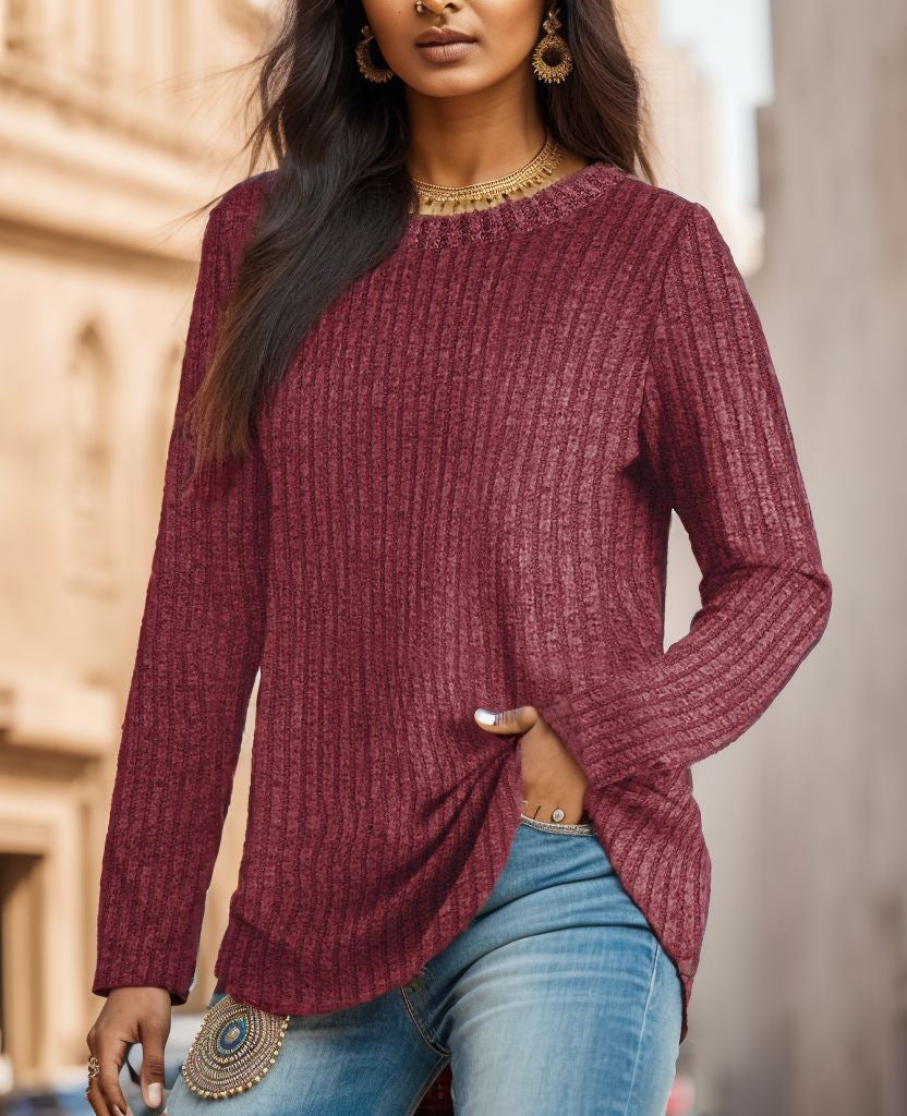 Damen Geripptes Feinstrick-Longsleeve mit Rundhalsausschnitt und asymmetrischem Saum Shop Nory