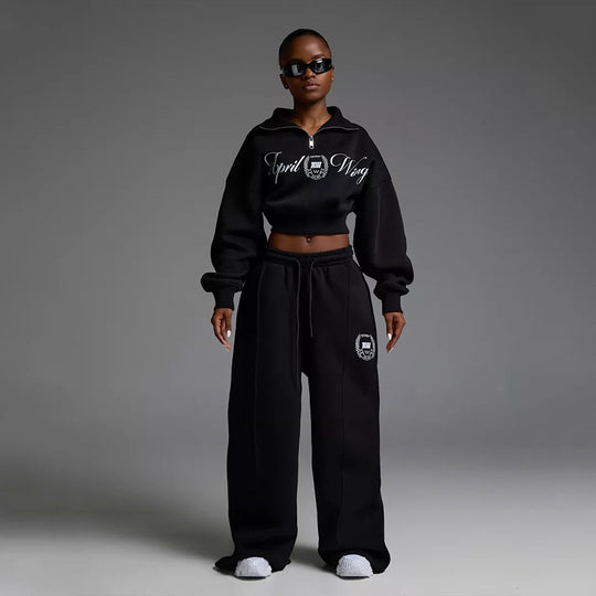 Damen Cropped Halbzip-Sweatshirt mit weitem High‑Waist Loungehose Set Shop Nory