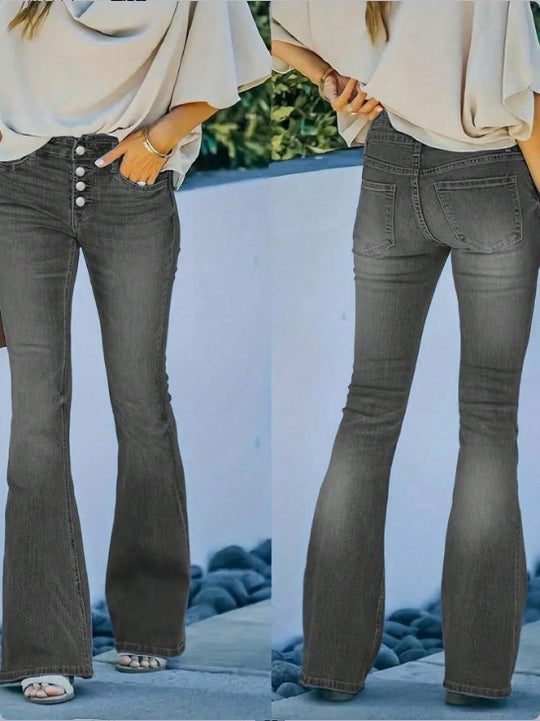 Damen taillenhohe Schlagjeans mit dekorativer Knopfleiste und sculptendem Sitz Shop Nory