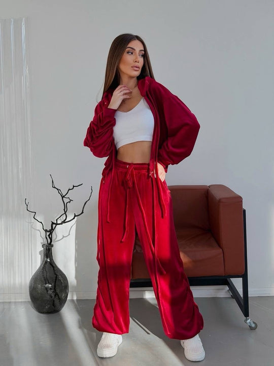 Damen Cropped Kapuzen-Sweatshirt mit Kordelzug am Saum und weite Raffung-Loungehose Shop Nory