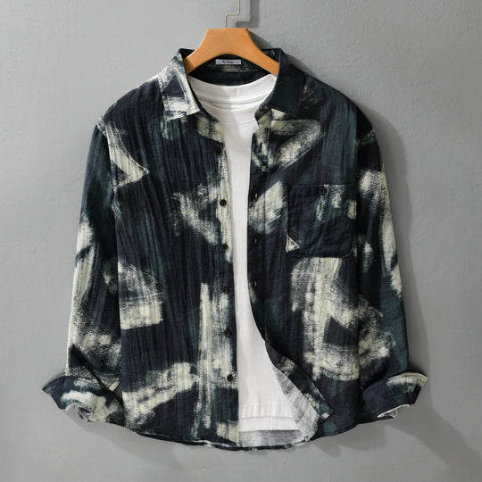 Herren Langarm-Hemdjacke mit abstraktem Pinselprint und feiner Crinkle‑Struktur Shop Nory
