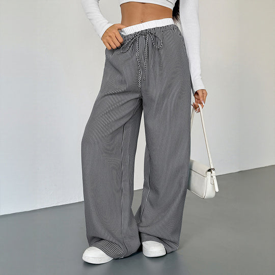 Damen Weite Streifen-Hose im Palazzo-Stil mit Smok-Taillenbund und Kordelzug Shop Nory
