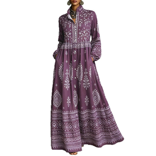 Damen Boho-Maxi-Hemdkleid mit Stickbordüren, hoher Stehkragen und Taschen Shop Nory