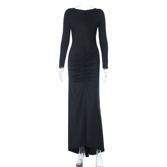 Damen Figurbetontes Maxikleid mit langen Ärmeln, geraffter Mittelnaht und Stretch-Jersey-Qualität Shop Nory