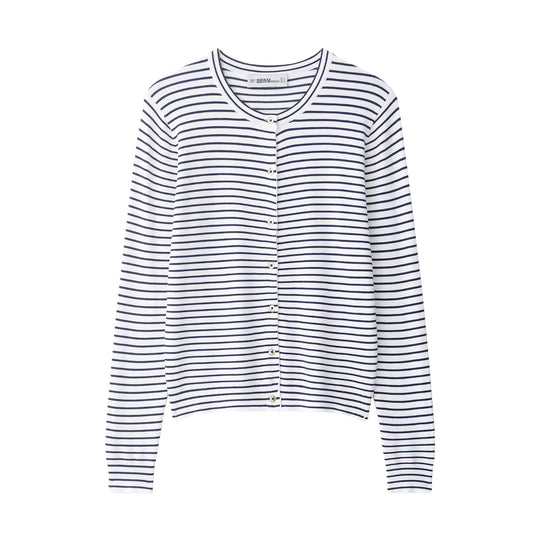 Damen Maritimer Feinstrick-Cardigan mit feinen Streifen und Perlmuttknöpfen Shop Nory