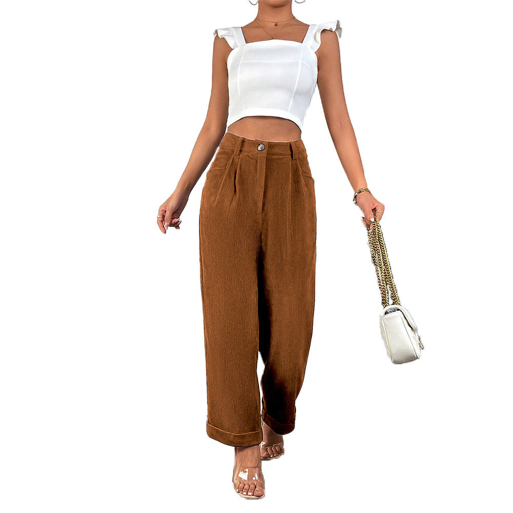 Damen hochgeschnittene Cordhose mit weitem Bein, Bundfalten und umgeschlagenem Saum Shop Nory