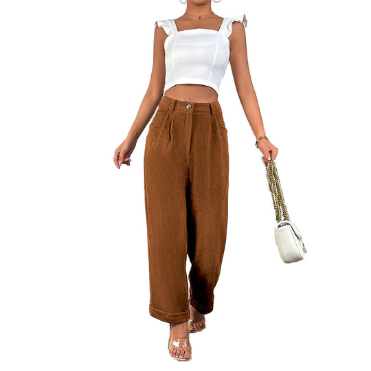 Damen hochgeschnittene Cordhose mit weitem Bein, Bundfalten und umgeschlagenem Saum Shop Nory