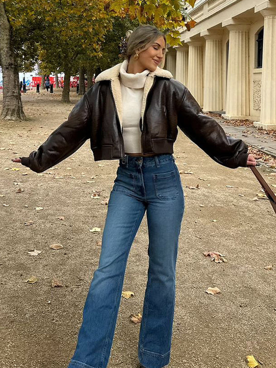 Damen Kurz geschnittene Fliegerjacke mit Teddy-Futter und Oversized-Ärmeln Shop Nory