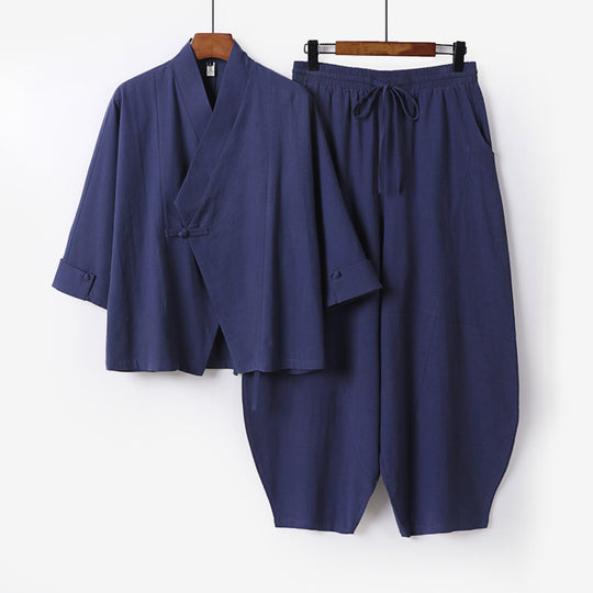 Herren Minimalistisches Kimono-Lounge-Set aus atmungsaktivem Baumwollmix mit ballonförmiger Bundhose Shop Nory