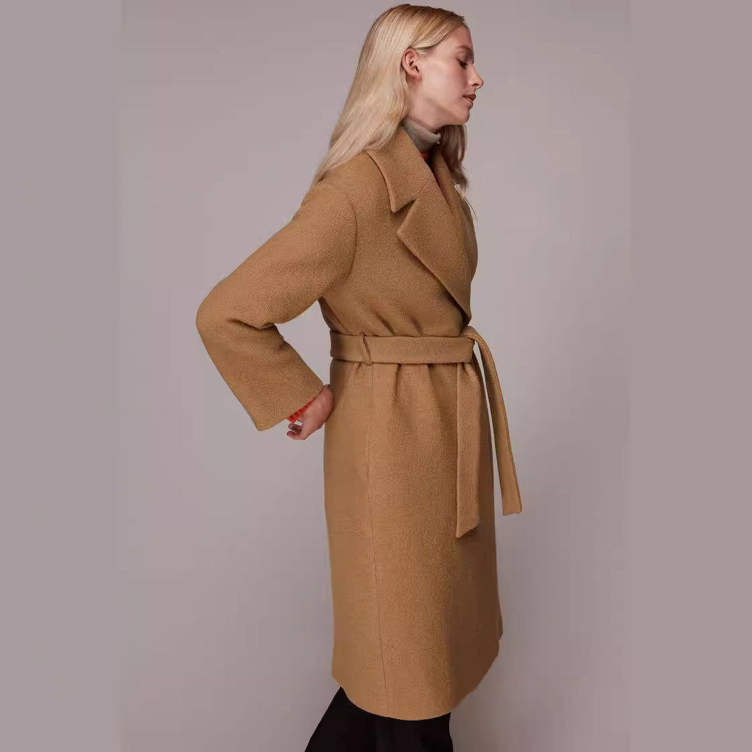 Damen Midilanger Wollmix‑Longmantel mit minimalem Schalkragen und relaxed Silhouette Shop Nory