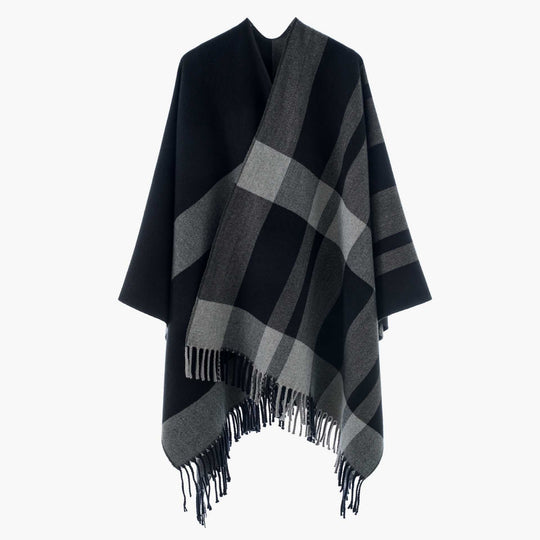 Damen Großkaro-Capeponcho aus Wollmix mit Fransen und offenem Kragen Shop Nory