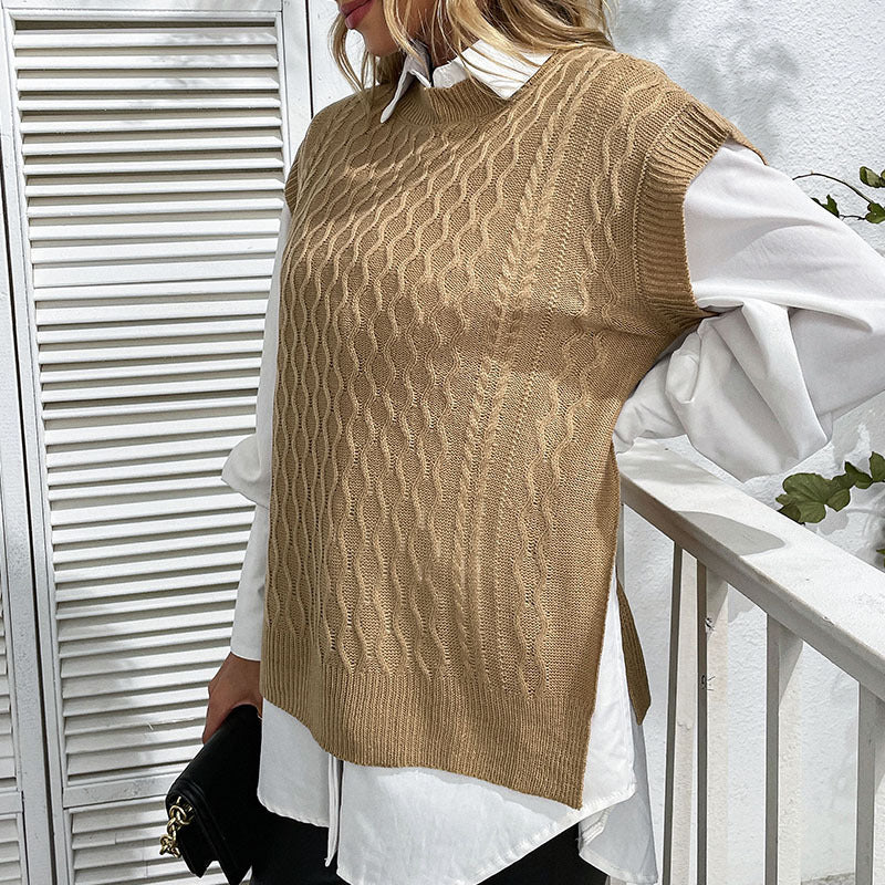 Damen Oversize Strickweste mit Zopfmuster und Rundhalsausschnitt Shop Nory