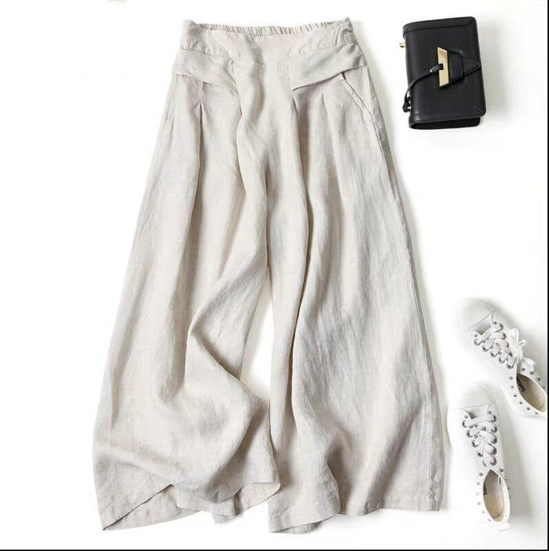 Damen Weit geschnittene Leinenhose mit hohem Bund und eleganten Falten