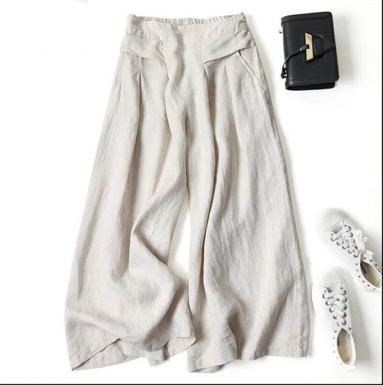 Damen Weit geschnittene Leinenhose mit hohem Bund und eleganten Falten