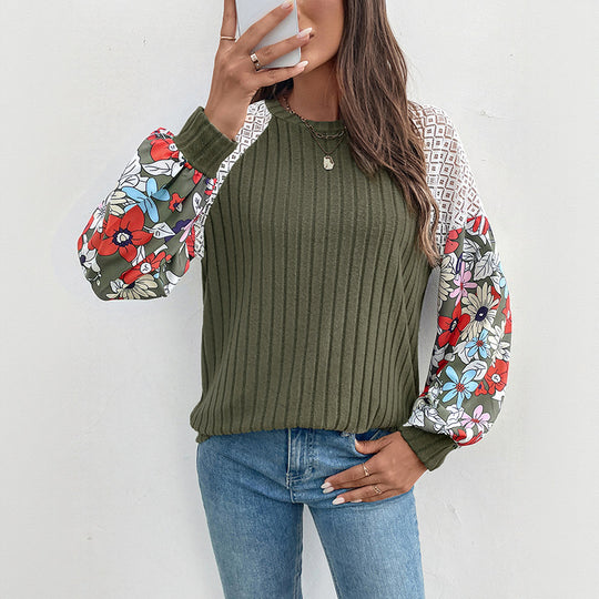 Damen Gerippter Strickpullover mit Häkel-Schulter & gShop Norylümten Ballonärmeln Shop Nory