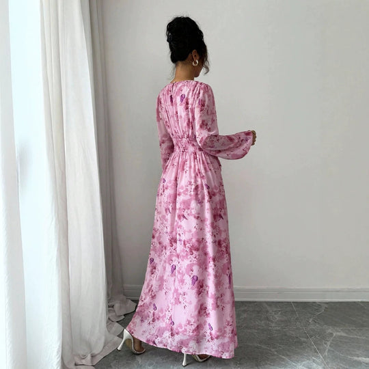 Damen Maxikleid mit floralem Schmetterlingsprint, geraffter Taillenpartie und langen Ballonärmeln Shop Nory