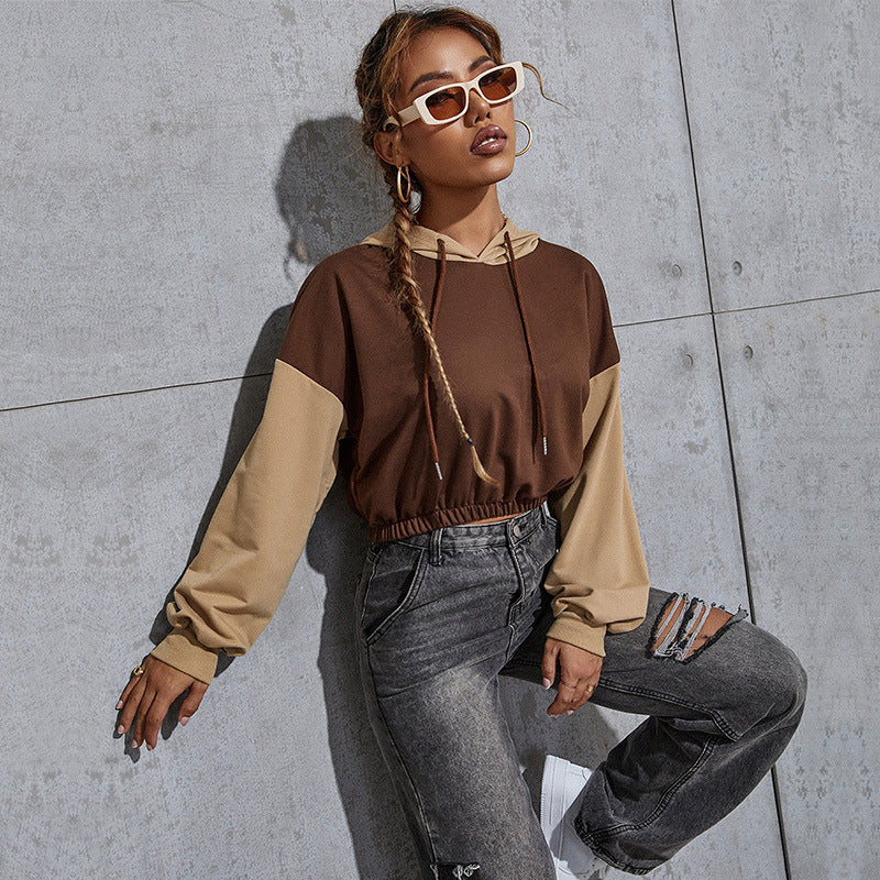 Damen Kurz geschnittener Cropped-Hoodie mit Colorblock-Ärmeln, Tunnelzug und elastischem Saum Shop Nory