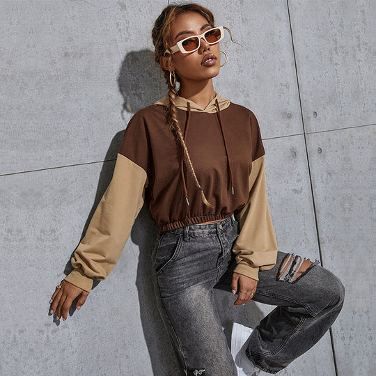 Damen Kurz geschnittener Cropped-Hoodie mit Colorblock-Ärmeln, Tunnelzug und elastischem Saum Shop Nory