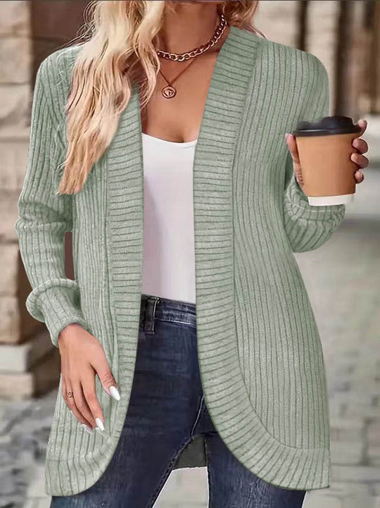 Damen Langer Offener Rippstrick-Cardigan mit abgerundetem Saum Shop Nory