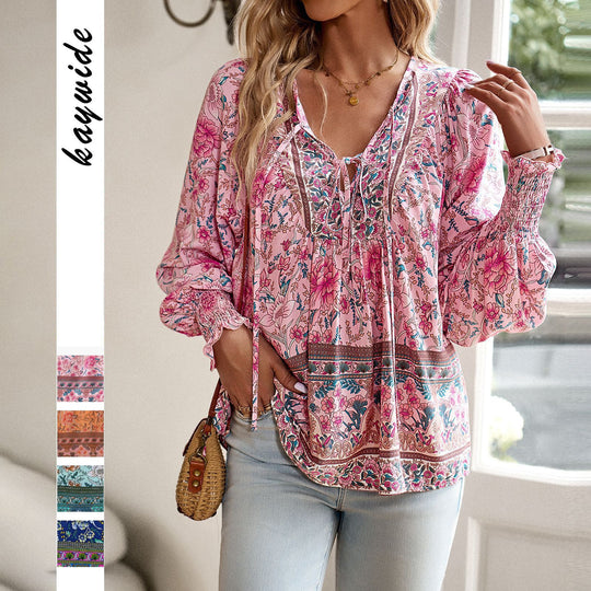 Damen nan lockere Boho-Tunika mit V-Ausschnitt Bindeband gerafften Ärmeln und floralem Muster Shop Nory