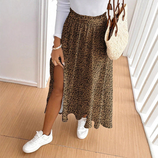 Damen Maxirock mit hohem Schlitz und Leopardendruck Shopnory