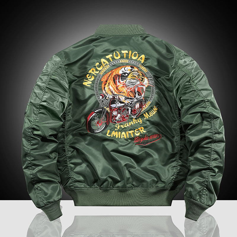 Herren bestickte Nylon-Flightjacke mit großflächigem Tiger- und Motorradmotiv Shop Nory