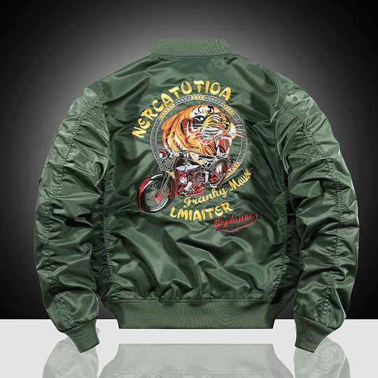 Herren bestickte Nylon-Flightjacke mit großflächigem Tiger- und Motorradmotiv Shop Nory