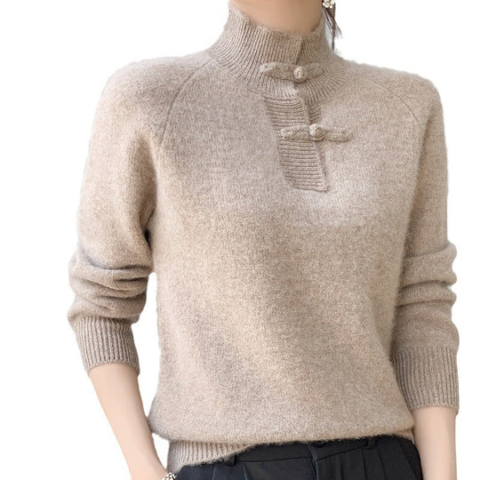 Damen Kaschmir‑Optik Mockneckpullover mit dekorativer KnShop Noryelknopfblende Shop Nory