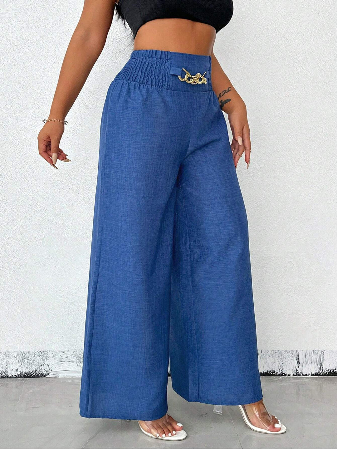 Damen Weite Leinenoptik-Hose mit hohem Smokbund und dekorativer Kettenapplikation Shop Nory