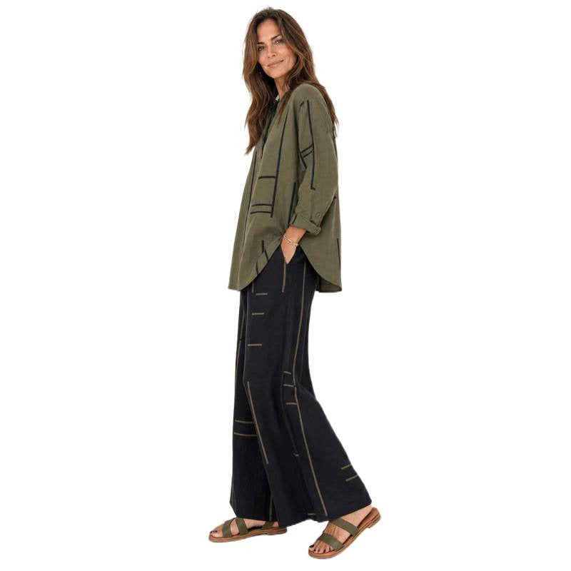 Damen Oversize-Tunika und weite Palazzohose mit grafischem Streifenprint und Henley-Kragen Shop Nory