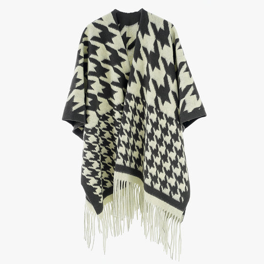 Damen Wollmix-Poncho mit Hahnentritt-Muster und Fransensaum Shop Nory