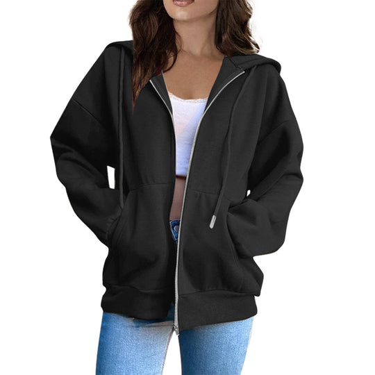 Damen nan lässige Kapuzenjacke mit durchgehendem Reißverschluss, Kängurutaschen und voluminösen Raglanärmeln Shop Nory