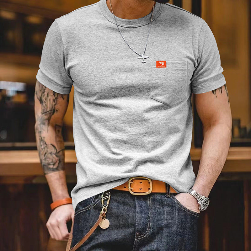 Herren klassisches Kurzarm T-Shirt mit Brusttasche aus hochwertiger Baumwolle