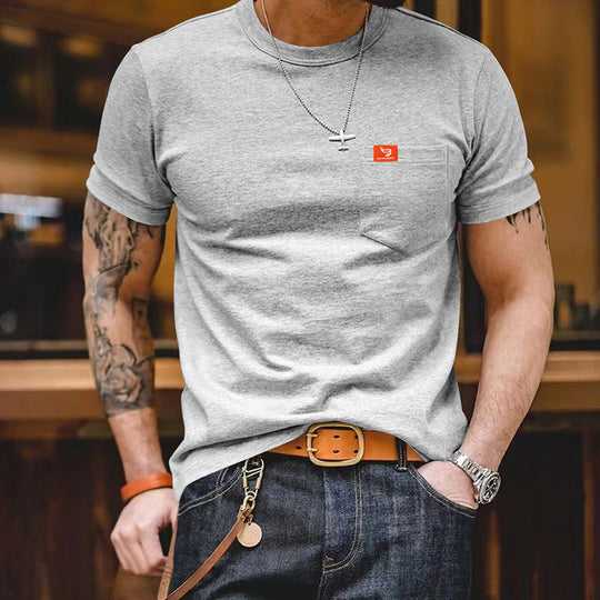 Herren klassisches Kurzarm T-Shirt mit Brusttasche aus hochwertiger Baumwolle