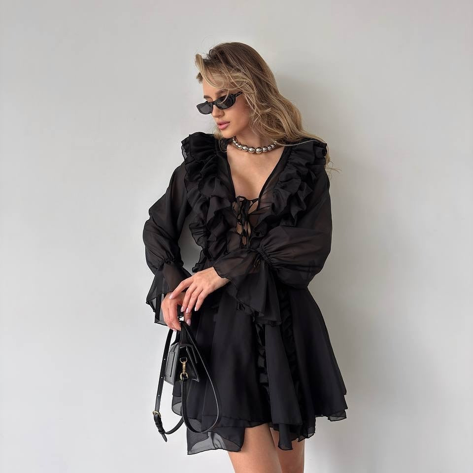 Damen Chiffon-Minikleid mit Volants, tiefem V-Ausschnitt und Ballonärmeln Shop Nory