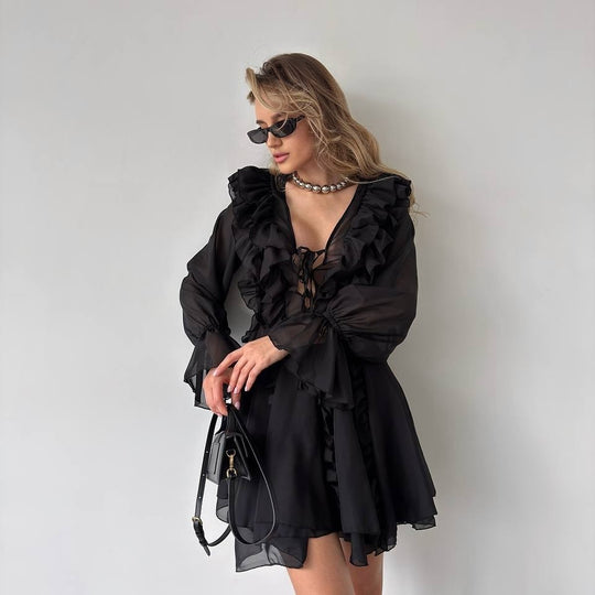 Damen Chiffon-Minikleid mit Volants, tiefem V-Ausschnitt und Ballonärmeln Shop Nory