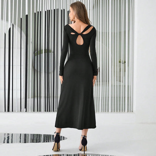 Damen figurbetontes Maxikleid mit asymmetrischem Ausschnitt und langen Ärmeln Shop Nory
