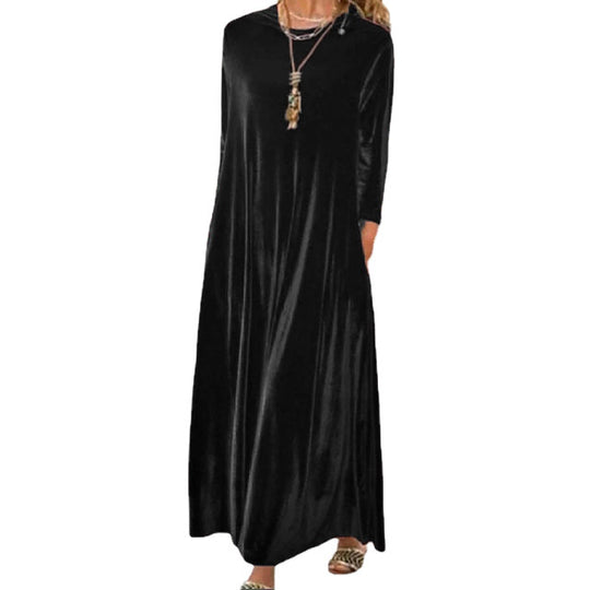 Damen Langes samtiges Maxikleid mit Rundhalsausschnitt, halblangen Ärmeln und seitlichen Taschen Shop Nory