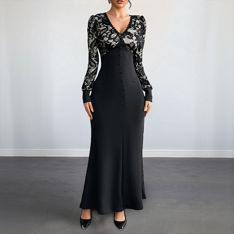 Damen Figurbetontes Maxikleid mit Spitzenoberteil, V‑Ausschnitt und Zierknopfleiste Shop Nory