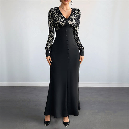 Damen Figurbetontes Maxikleid mit Spitzenoberteil, V‑Ausschnitt und Zierknopfleiste Shop Nory