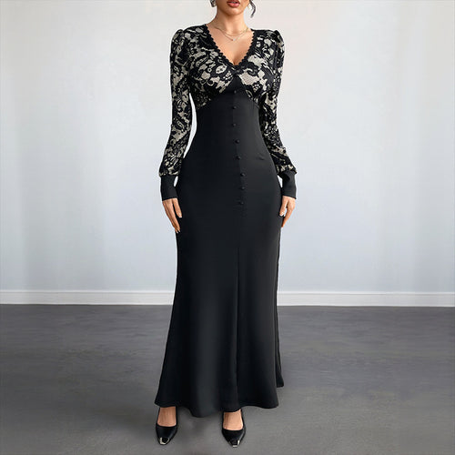 Damen Figurbetontes Maxikleid mit Spitzenoberteil, V‑Ausschnitt und Zierknopfleiste Shop Nory