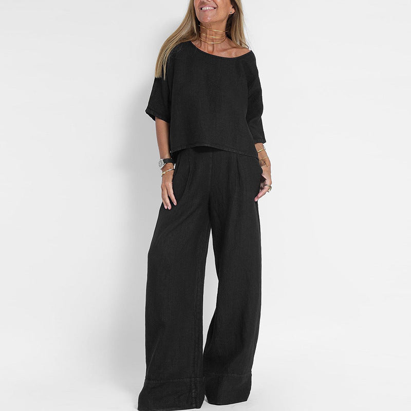 Damen luftiges Leinen-Ensemble mit weitem Schnitt und praktischen Taschen
