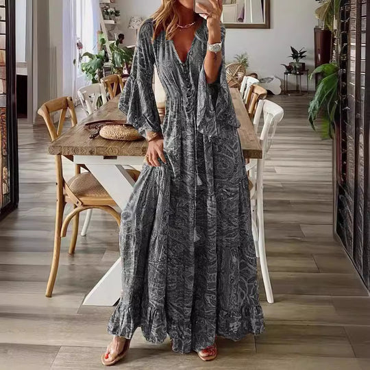 Damen Boho-Maxikleid mit Paisley‑Print, V‑Ausschnitt, Volantärmeln und Taillen‑Bindegürtel Shop Nory