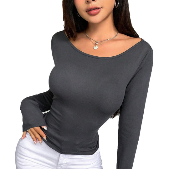 Damen figurbetontes Langarmshirt mit Rundhalsausschnitt Sculpting-Stretch und taillierter Passform Shop Nory