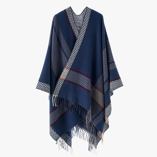 Damen Oversize Capeponcho aus Wollmix mit Karomuster und Fransensaum Shop Nory