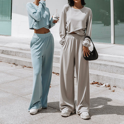 Damen weites Lounge-Set mit Cropped-Oversize-Pullover und High-Waist Palazzo-Hose Shop Nory