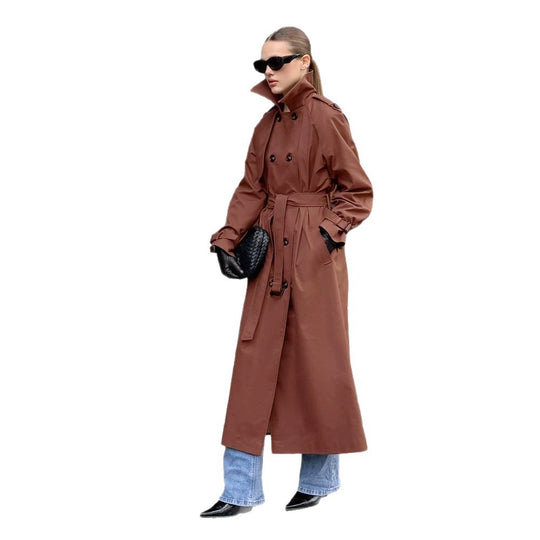 Damen Lang geschnittener wasserabweisender Trenchcoat mit hohem Stehkragen und Taillengürtel Shop Nory