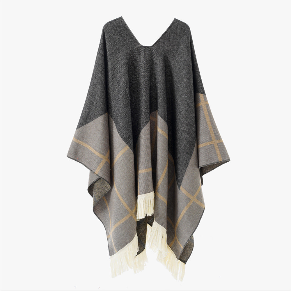 Damen Ornamentaler Jacquard‑Poncho mit V‑Ausschnitt und Fransensaum Shop Nory